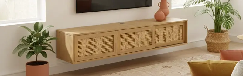 meuble tv suspendu effet bois dans un style bohème